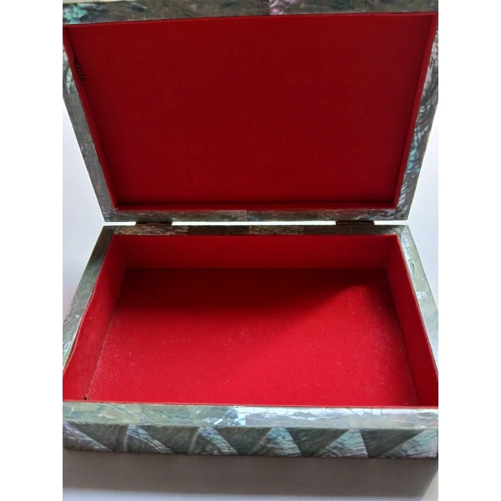 Vintage Iridescent Crackled Abalone‎ Mosaic Humpback Jewelry Box w/red Interior
